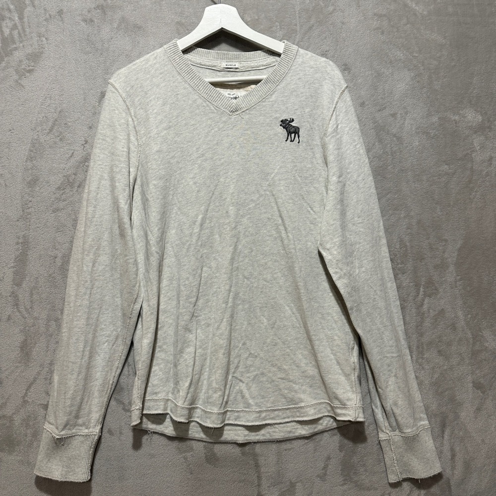 Abercrombie & Fitch XL Muscle V-Neck Long Sleeve T-Shirt Oatmeal Heather Gray